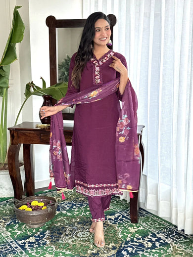 Fascinating Burgundy Chanderi Silk Casual Wear Pant Suit With Dupatta
